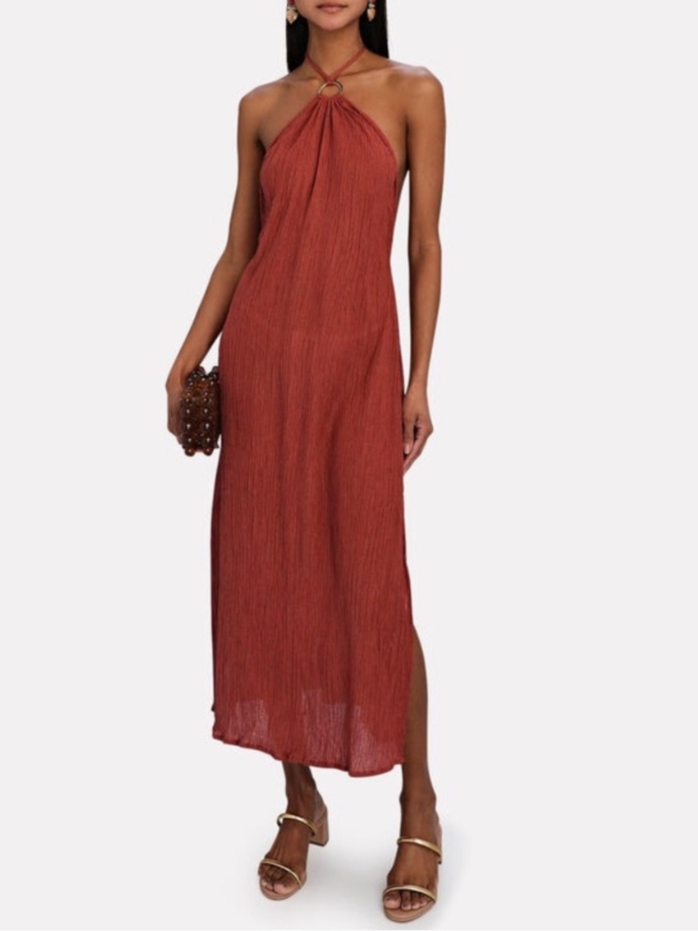 Savannah Morrow Lana Silk-Bamboo Halter Maxi Dress Crinkle Cover Up Large